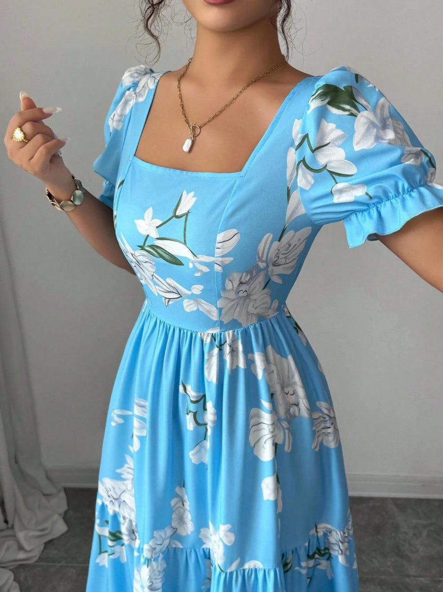 Long Square Collar Flower Print Elegant Dress
