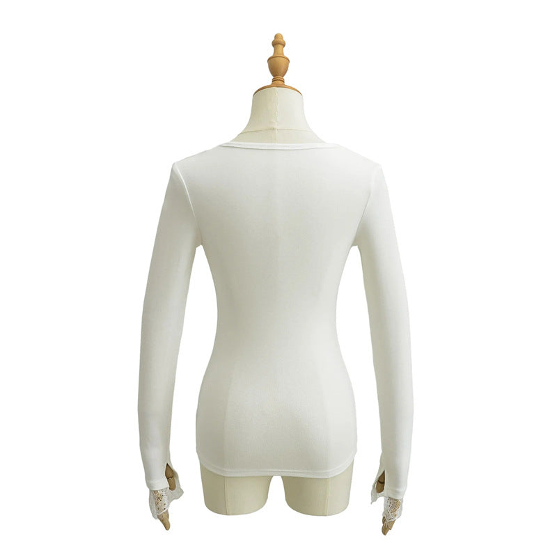 Women's Hot Lace Stitching Long-sleeved Bottoming Shirt Pure Desire Tight Solid Women's T-shirt