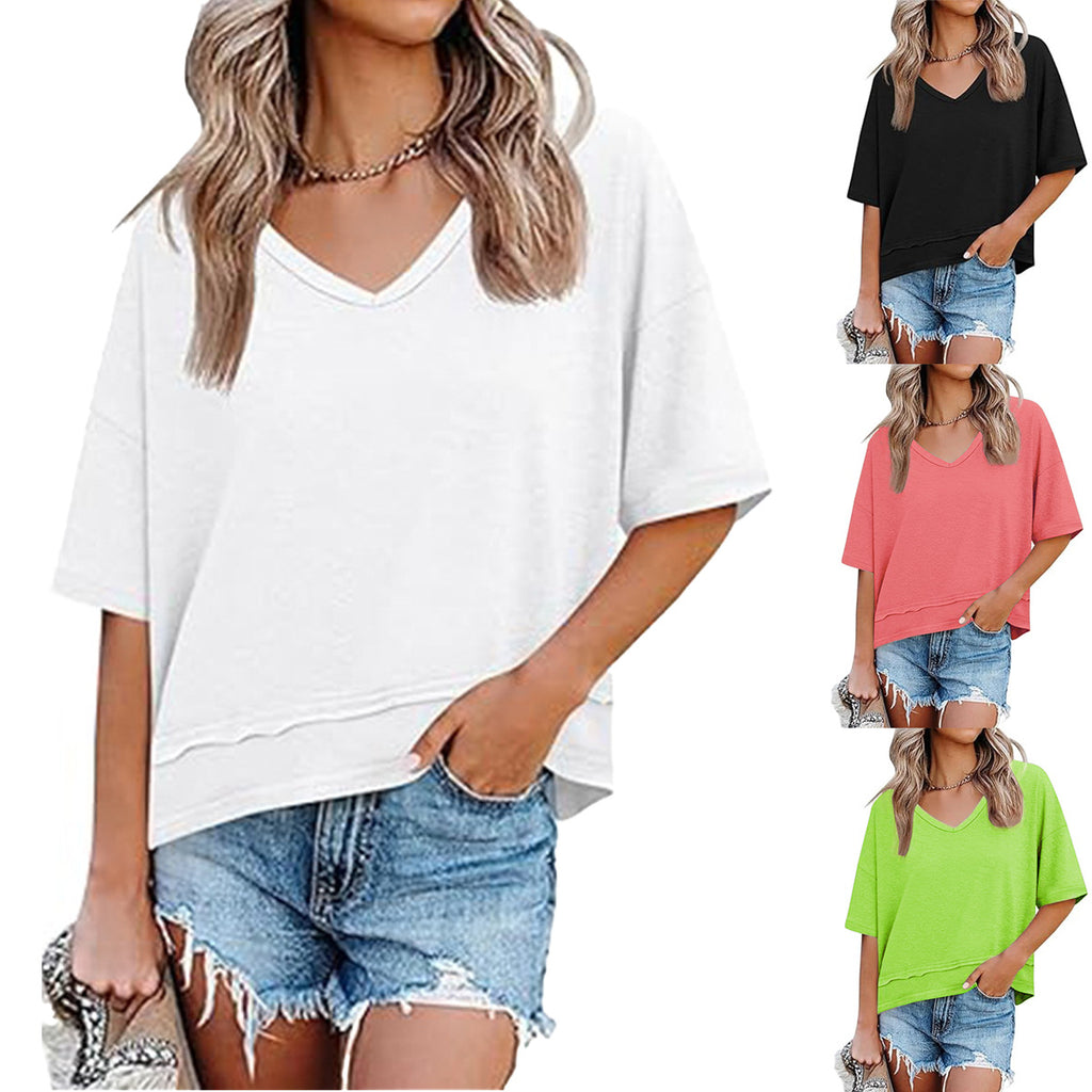 Women's Summer Fashion Wear Solid Color Stitching Women's T-shirt