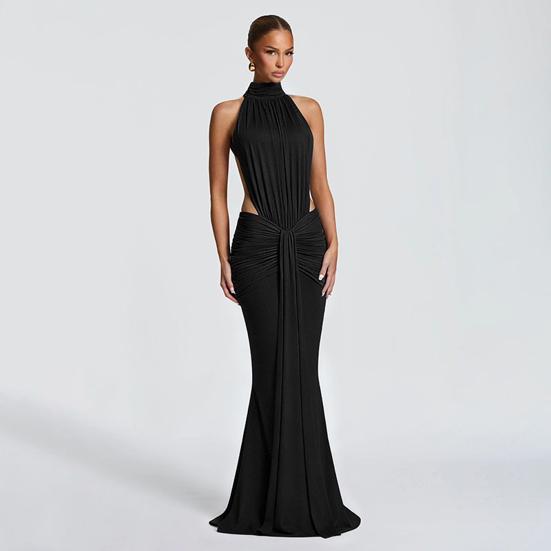 Women's Summer Solid Color Small Turtleneck Sleeveless Backless Dress