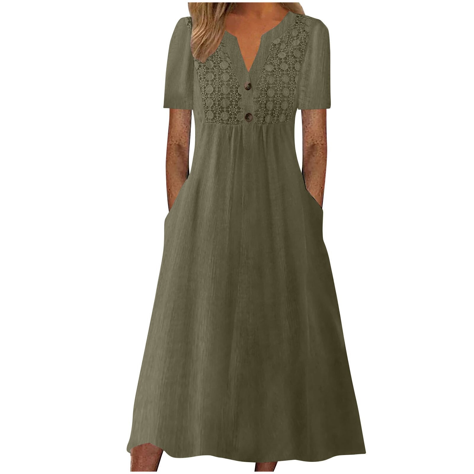 Solid Color Lace Button Pocket Sleeve Dress