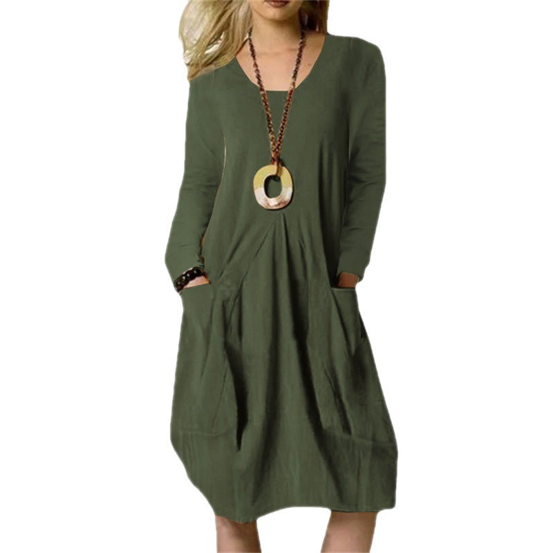 Women's Cotton Linen Loose Casual Solid Color Dress
