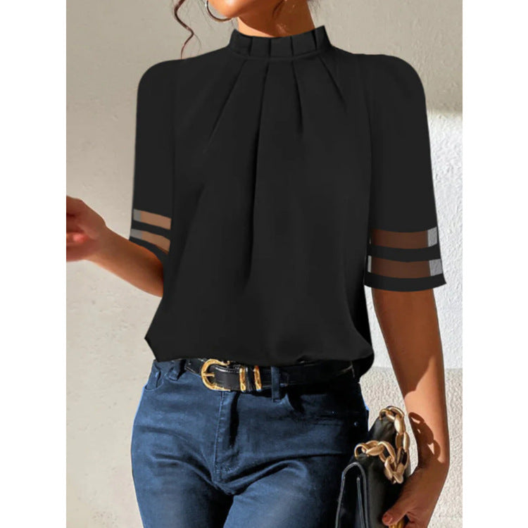 Popular Summer Pure Black Pleated Turtleneck Blouse