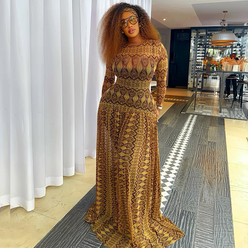 Women's Elegant Retro Waist Slimming A- Line Printed Dress