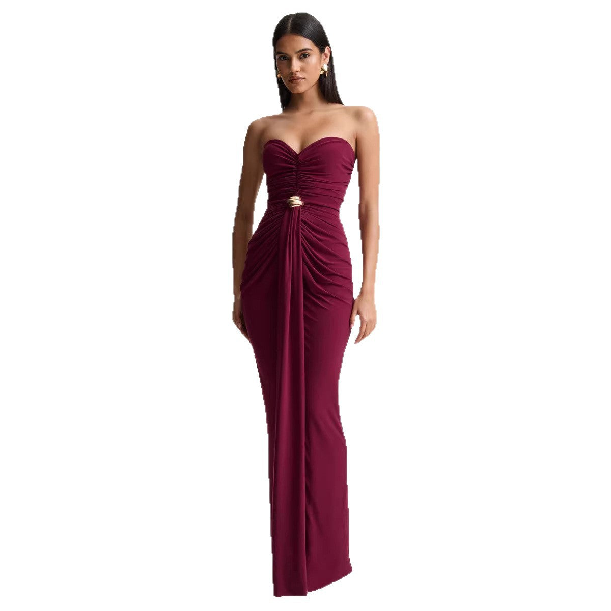 Women's Solid Color Sleeveless Pleated Waist Tight Ribbon Sexy Tube Dress