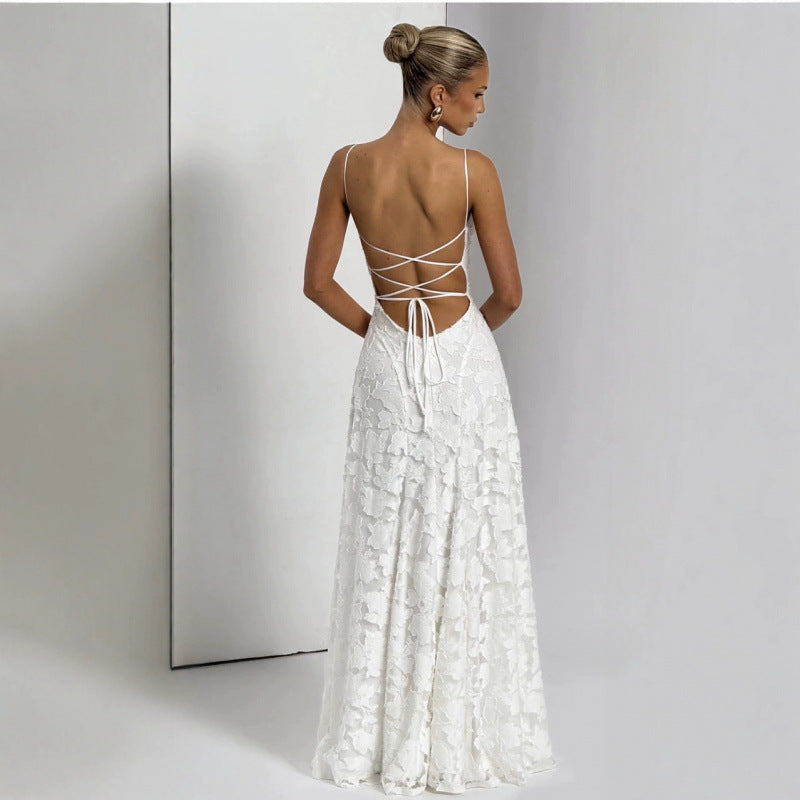 Women's Elegant Lace Sexy Backless Spaghetti Straps Dress