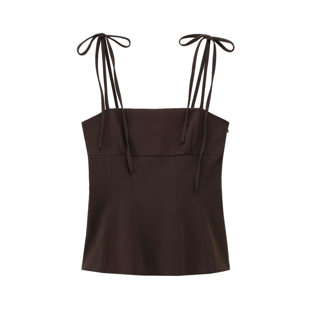 Women's Fashion Casual Decorative Coffee Color Bow Straight Collar Stretch Women's T-shirt