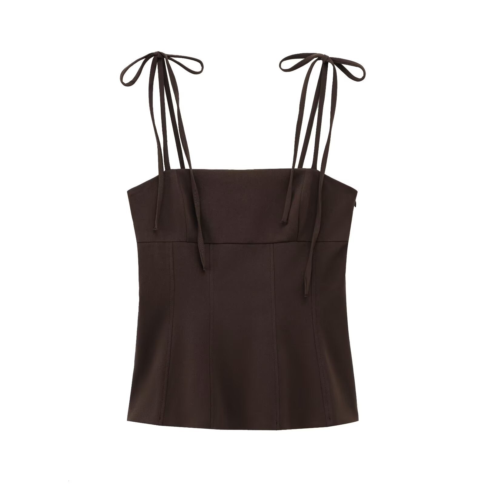 Women's Fashion Casual Decorative Coffee Color Bow Straight Collar Stretch Women's T-shirt