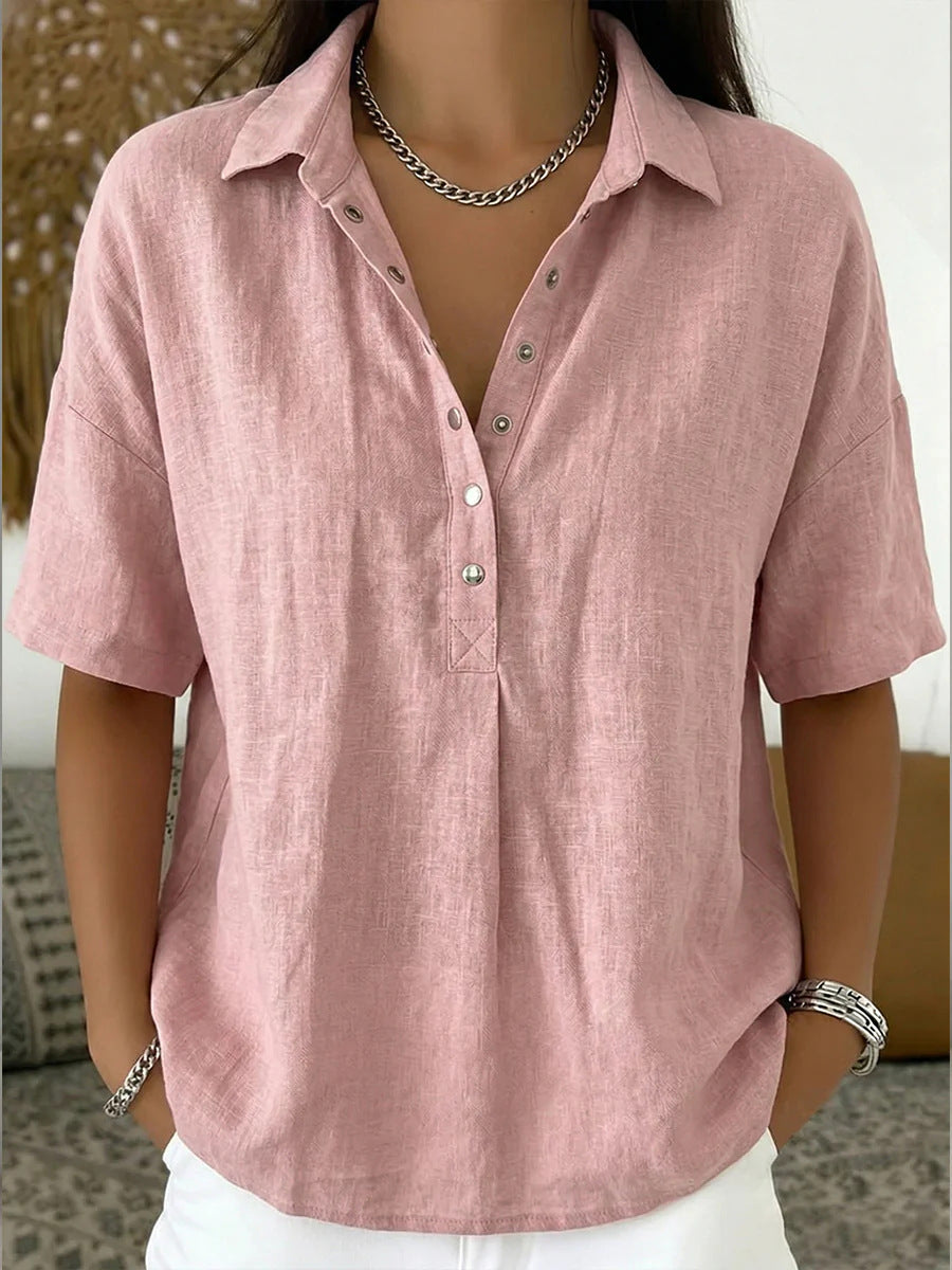 Women's Summer Loose Comfortable Lapel Sleeve Solid Color Blouse