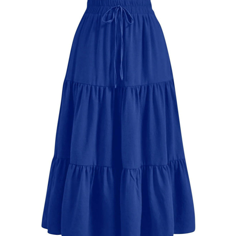 Solid Color Stitching Ruffle Elastic Pocket Skirts