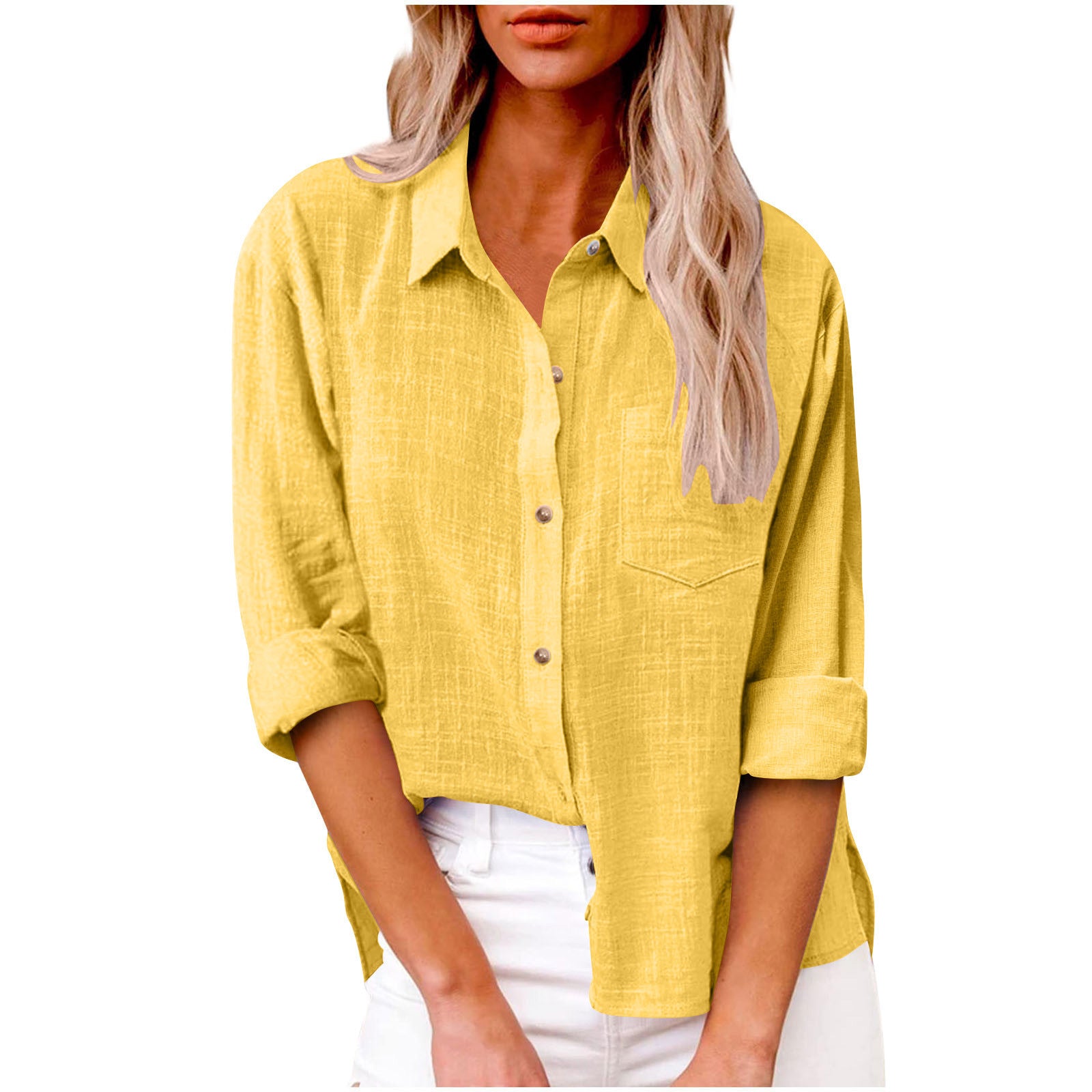 Women's Solid Colored Lapel Button Long-sleeved Cotton Linen Blouse