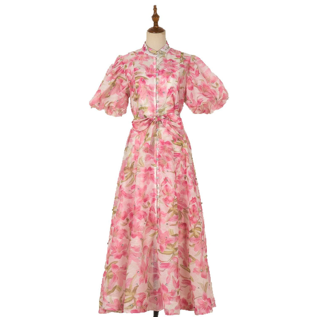 Summer Palace Style High Design Sense Rhinestone Sleeve Single-breasted Long Dress