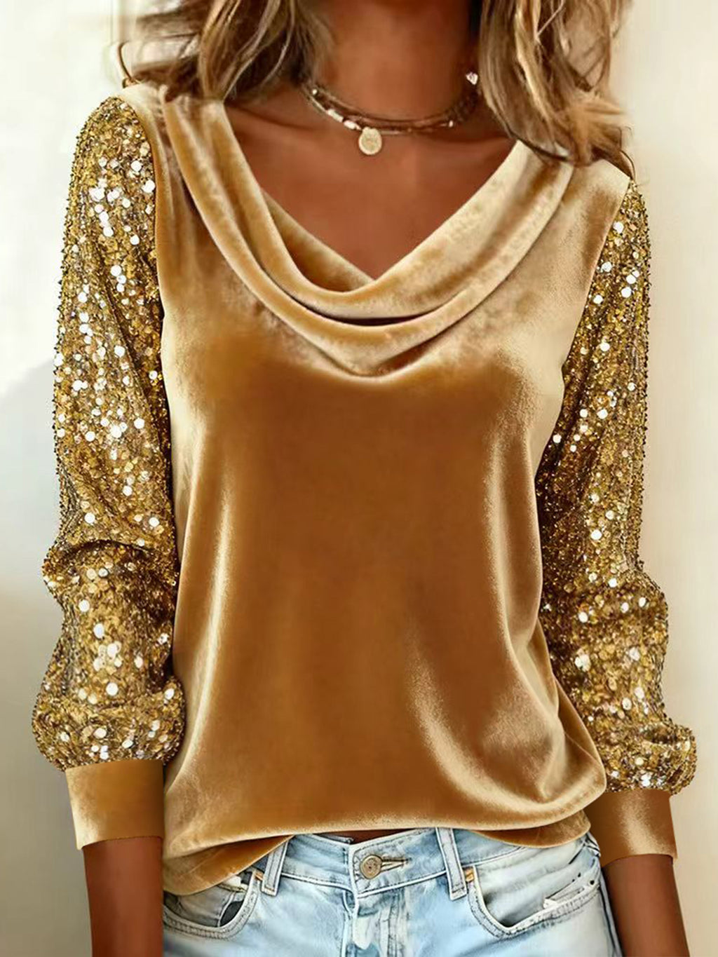 Women's Fashion Wear Veet Pile Collar Sequined Stitching Long Women's T-shirt