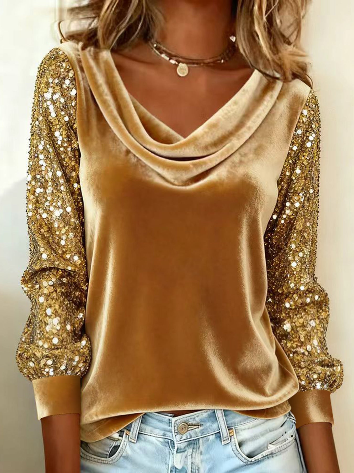 Women's Fashion Wear Veet Pile Collar Sequined Stitching Long Women's T-shirt