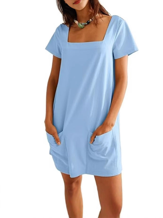 Women's Square Collar Sleeve Fashion Pocket Casual Shorts
