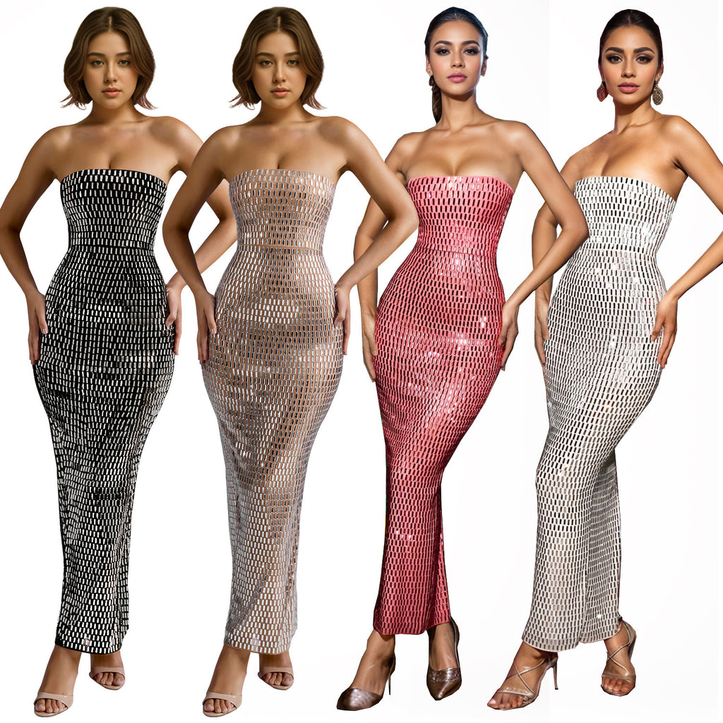 Women's Fashion Wear Solid Color Rhinestone Sleeveless Dress
