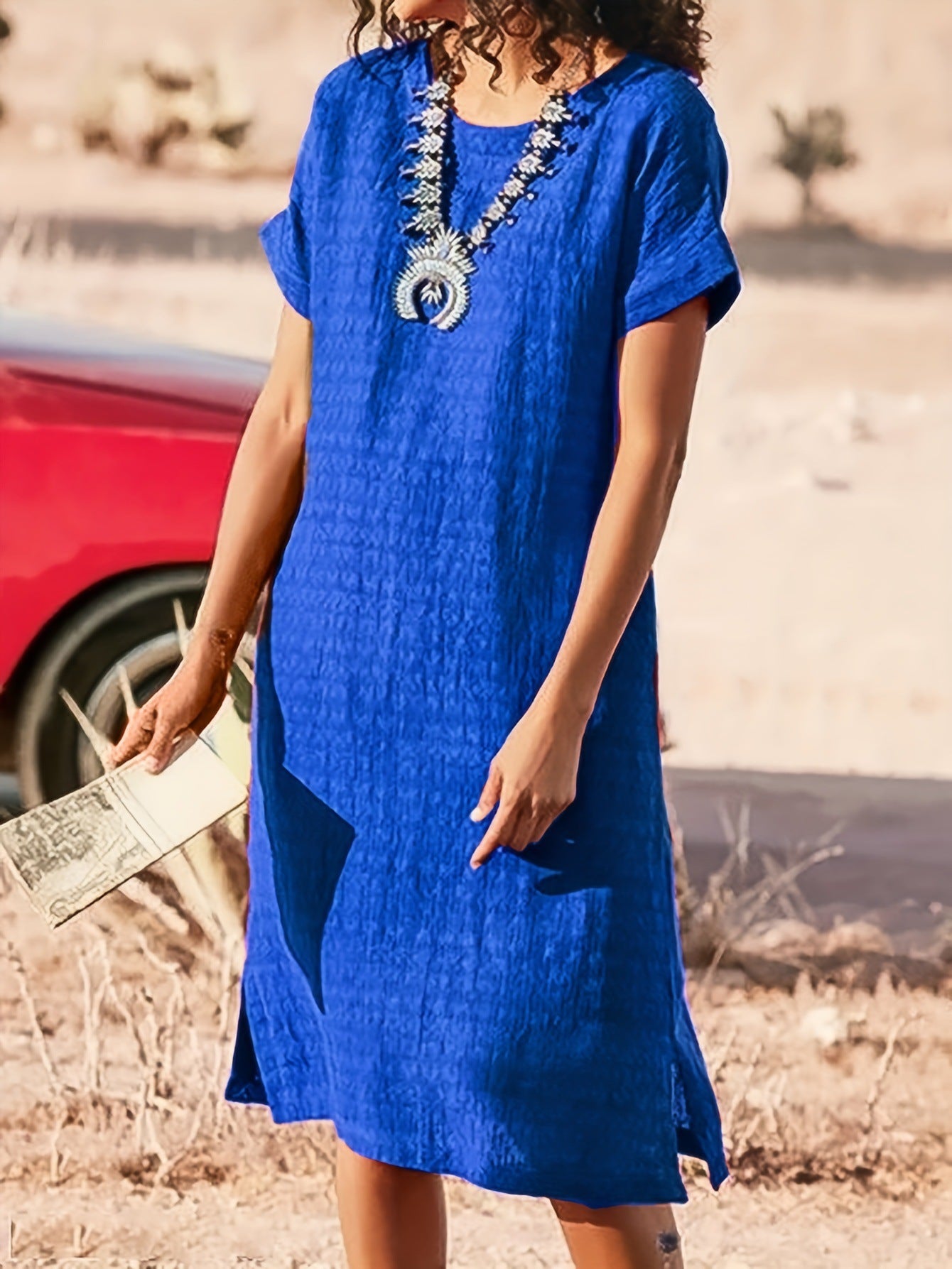 Women's Short-sleeved Casual Round Neck Side Slit Dress