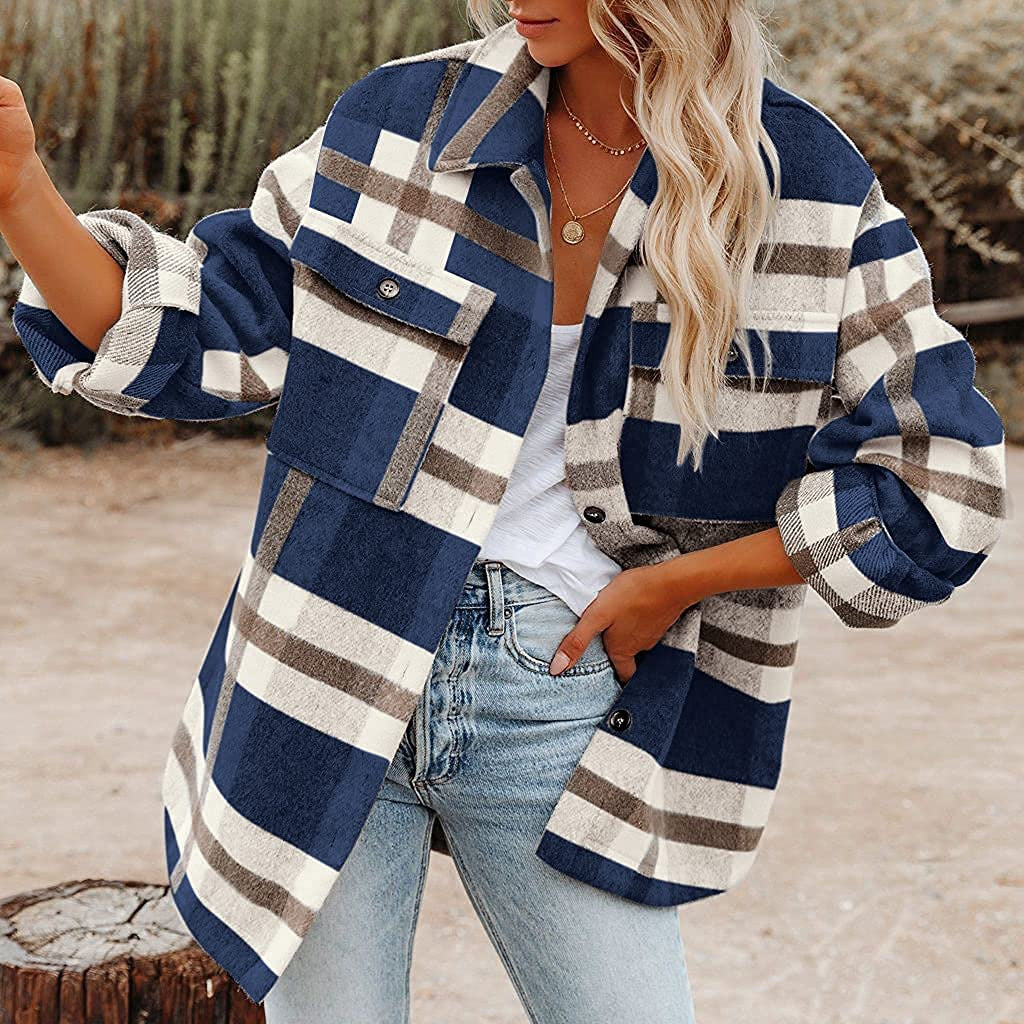Women's Plaid Button Flannel Woolen Shirt Blouse