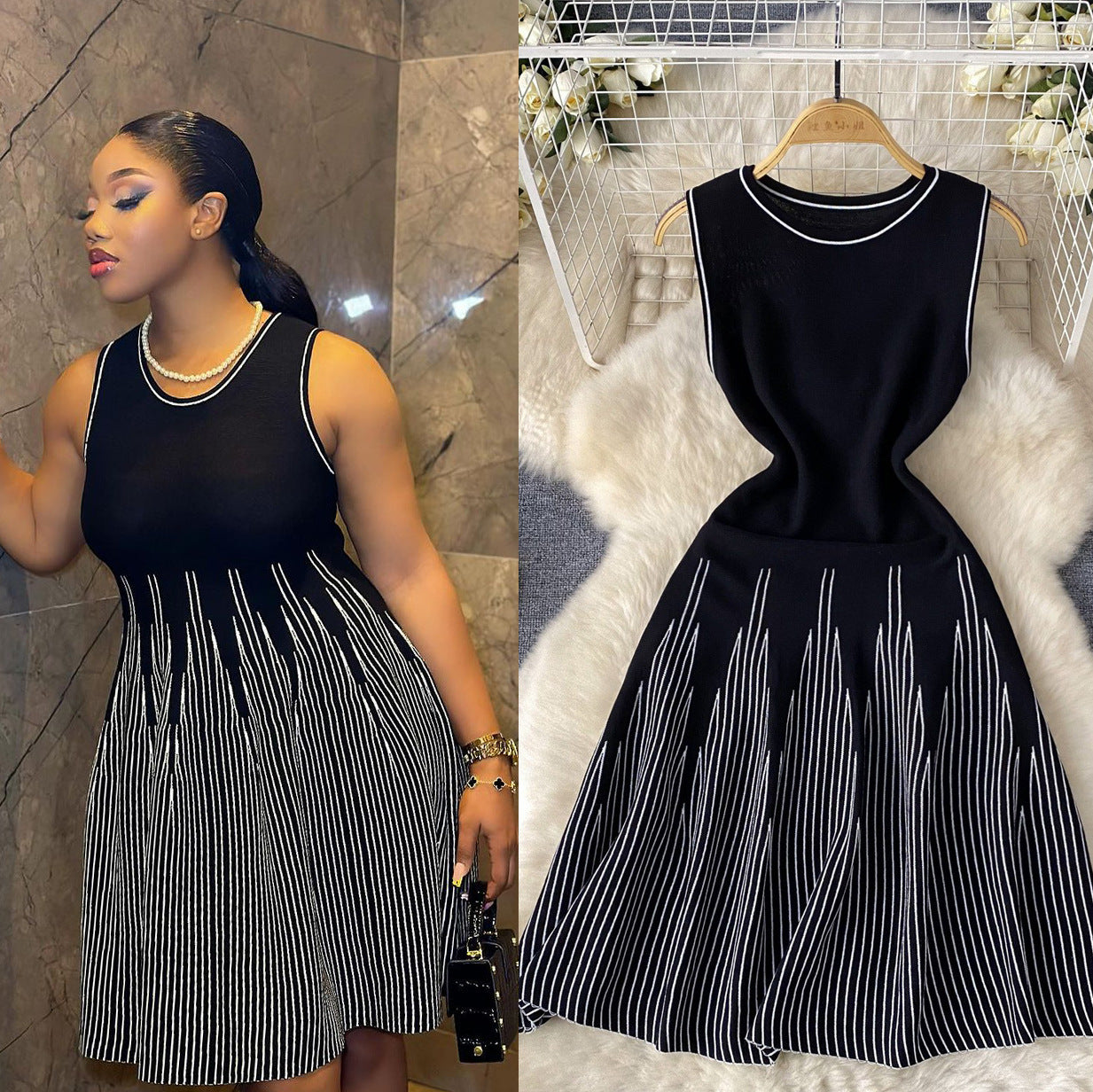 Women's Round Neck Striped Knitted For Summer Tight Waist Design Sense Dress