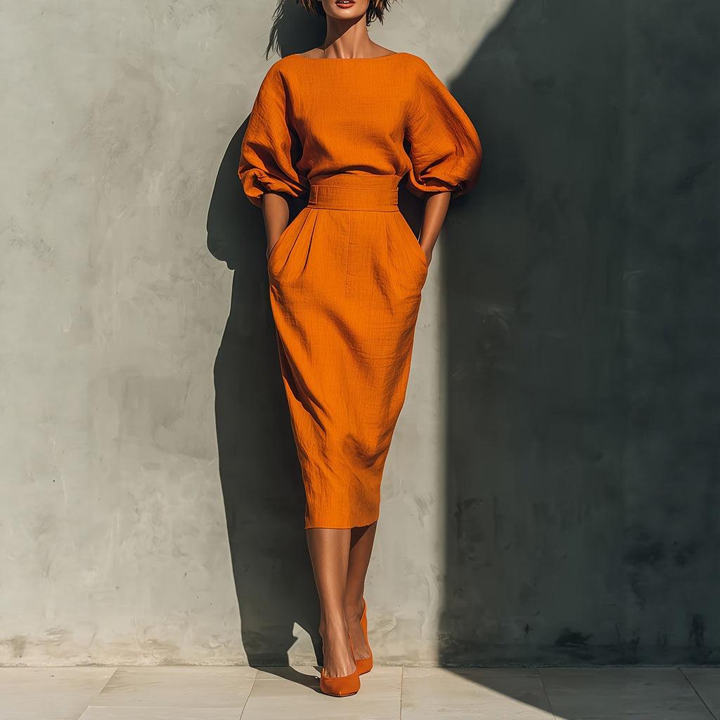 Elegant Retro Boat Neck Puff Sleeve High Skirts