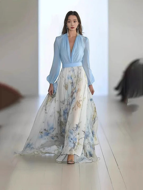 Women's Digital Printing Long Sleeve Collar Patchwork Dress