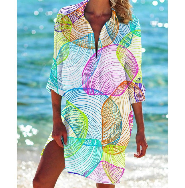 Women's Summer Printed Bikini Shirt Swimsuit Vacation Blouse