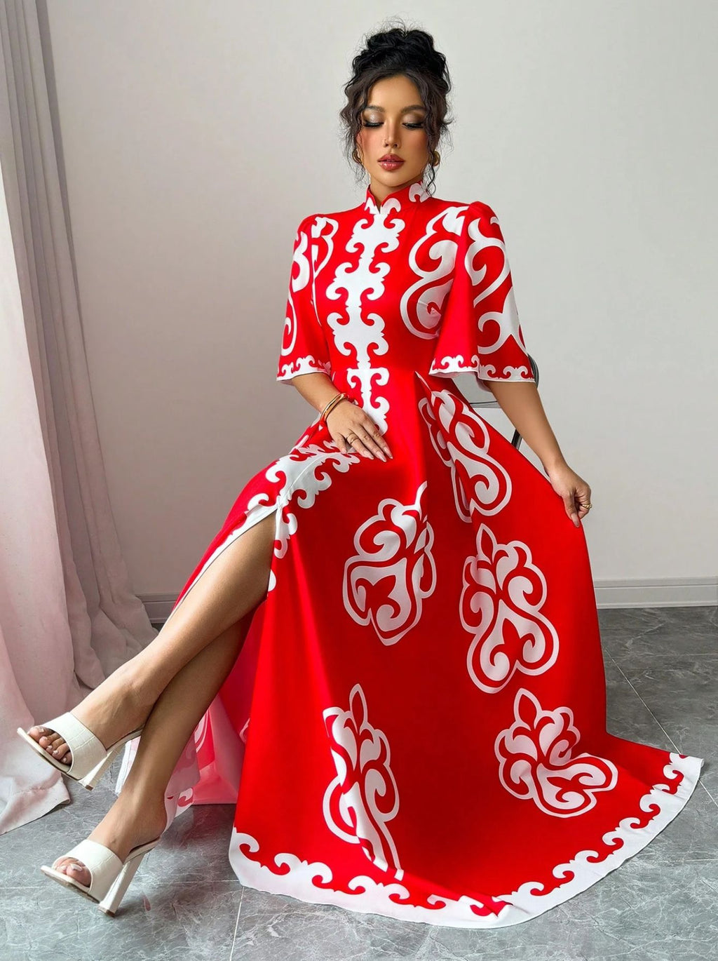 Red Mandarin Collar Loose Big Hem Dress