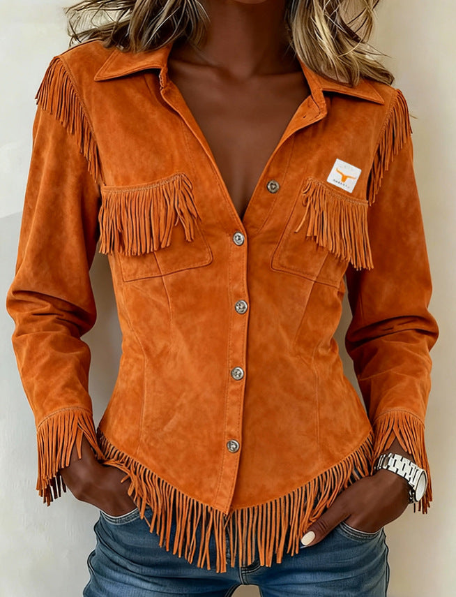 Women's Autumn Brown Series Suede Tassel Long Sleeve Jackets