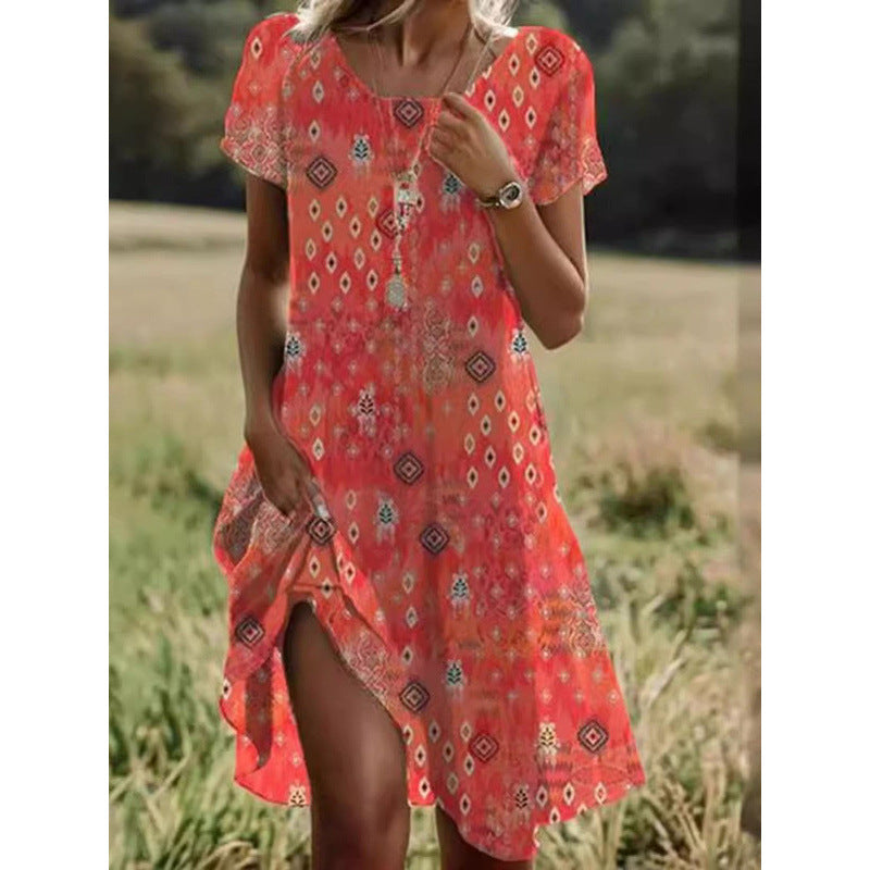 Summer Artistic Ethnic Style Scoop Mid-length Dress