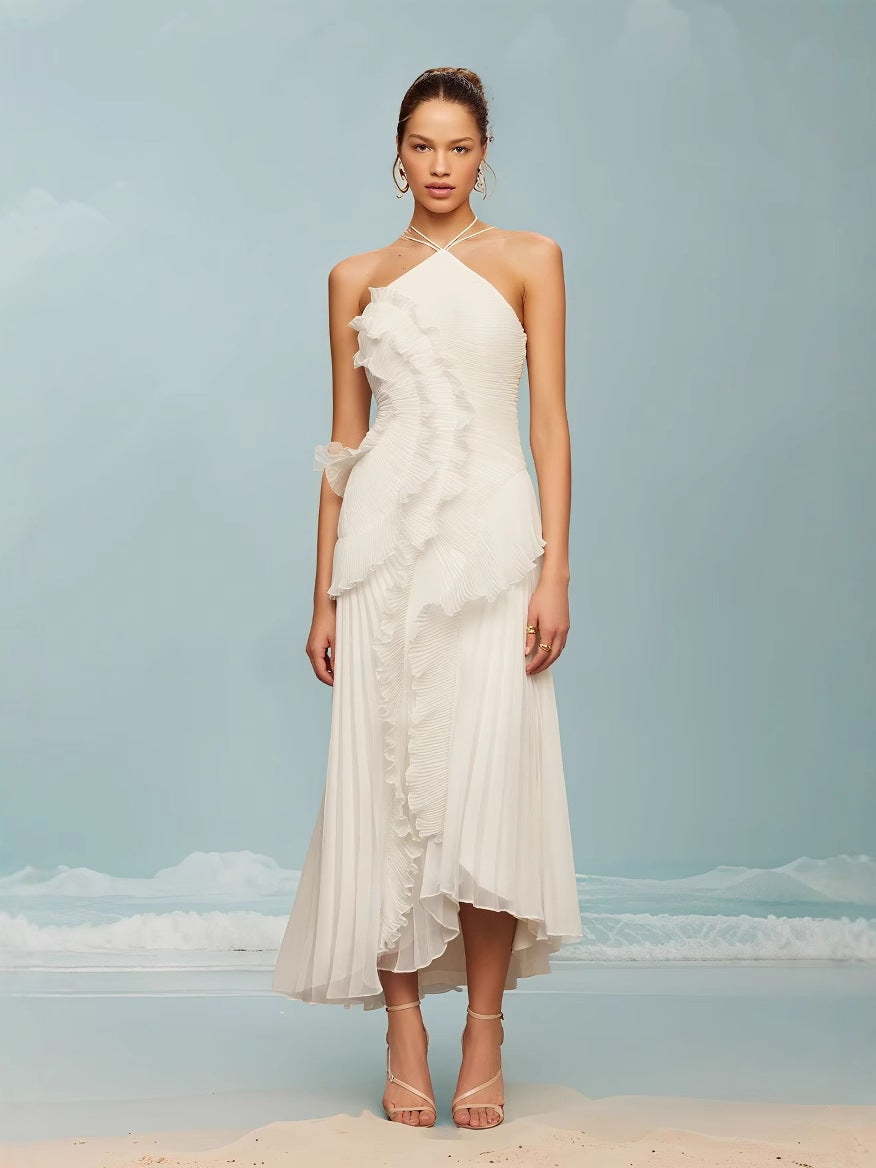 Women's Fashionable Pleated Halter Sexy Vacation Seaside Dress
