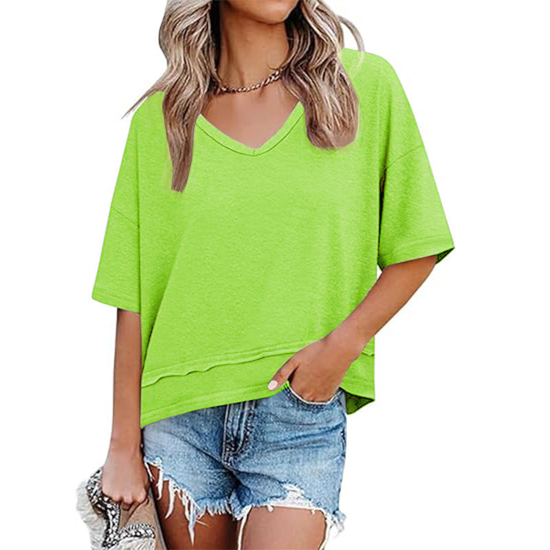 Women's Summer Fashion Wear Solid Color Stitching Women's T-shirt