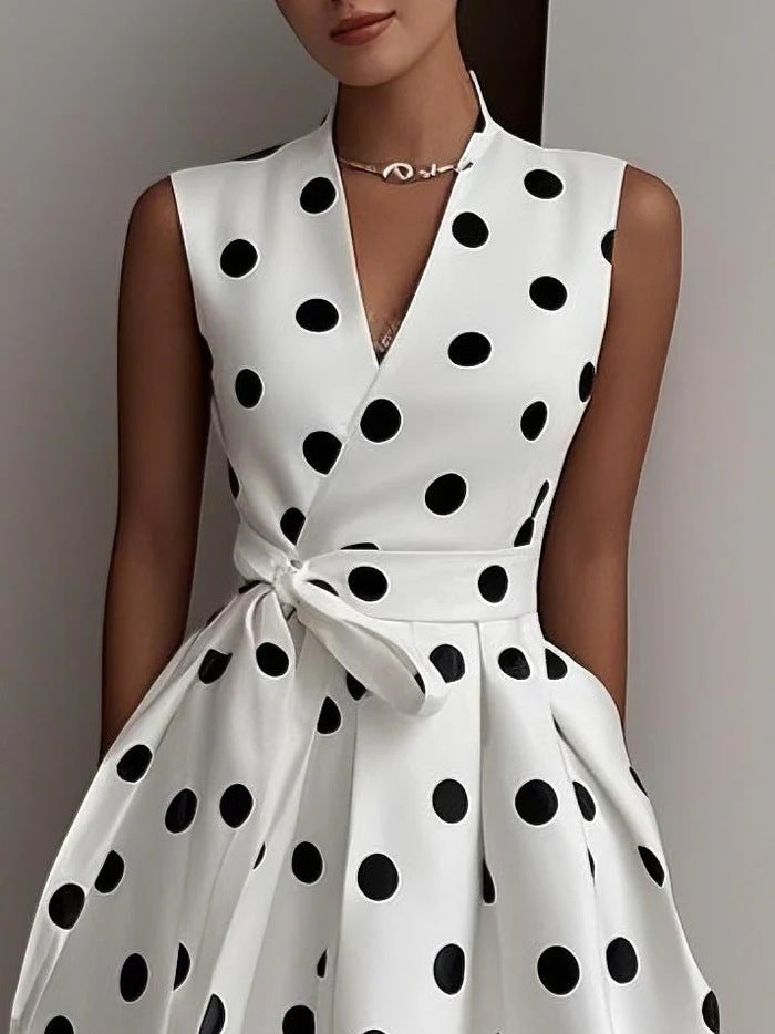 Women's Spring French Sleeveless Black White Polka Dress