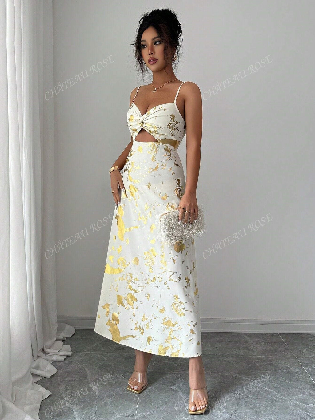 Women's Elegant Backless Beach Travel For Fully Golden Foil Print Dress
