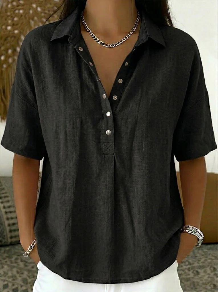 Women's Summer Loose Comfortable Lapel Sleeve Solid Color Blouse