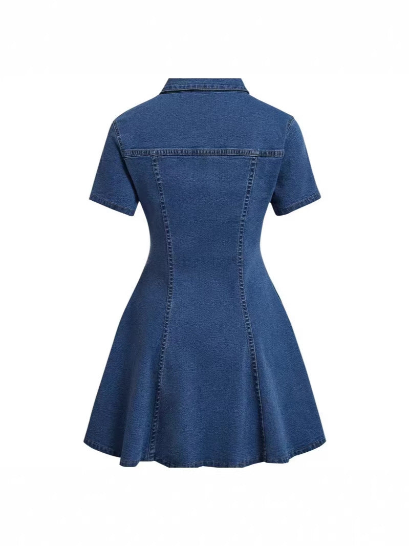 Glamorous Graceful Women's Denim Short-sleeved Waist Dress