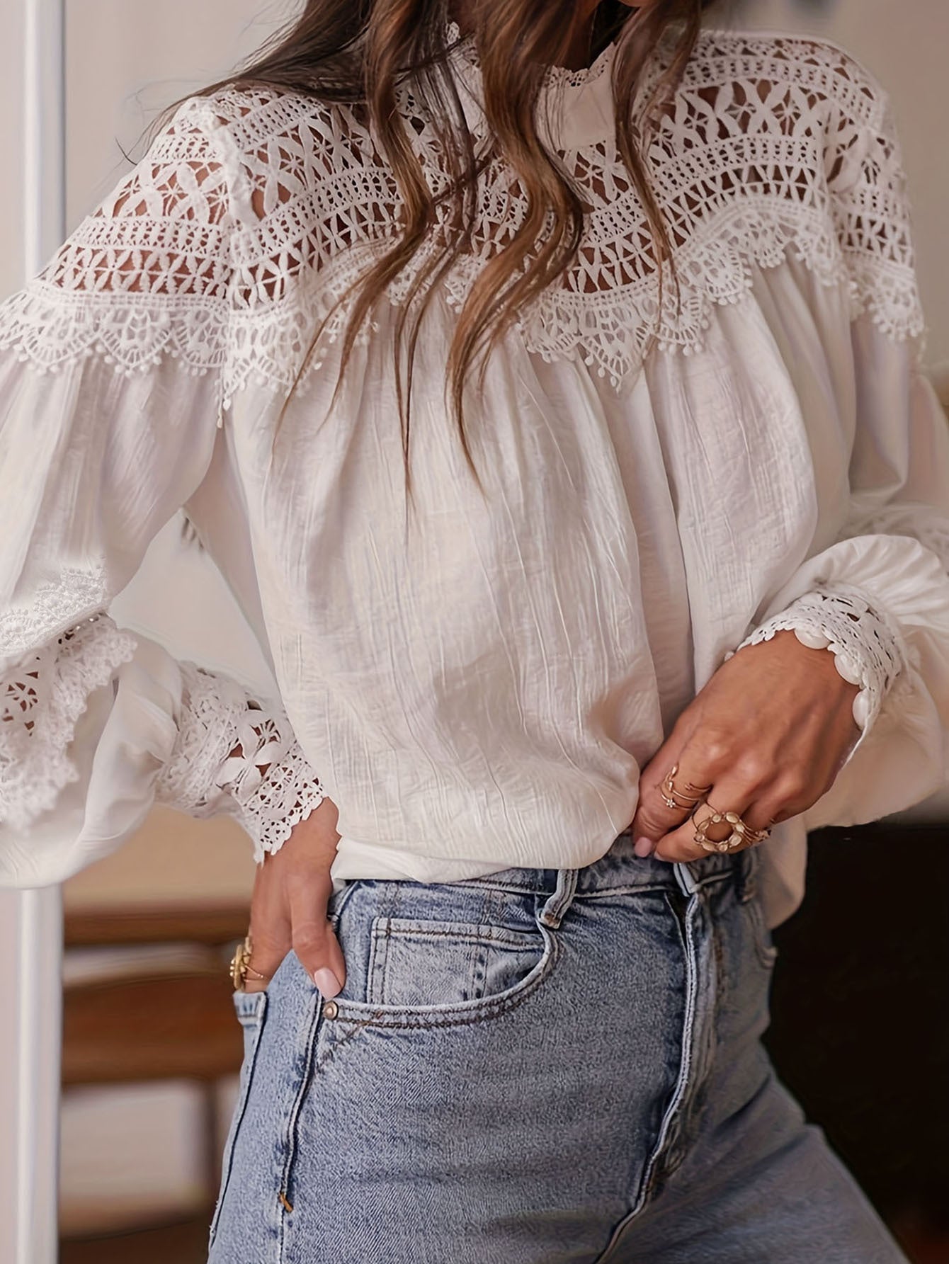 Women's Holiday Crocheted Sexy Cutout Bell Sleeve Lace Blouse