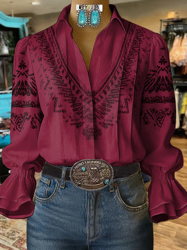 Women's Digital Printing Bohemian Trendy Bell Sleeve Blouse