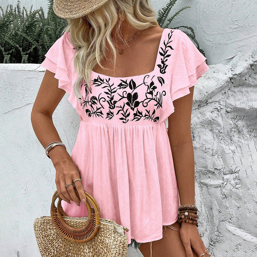 Women's Lace Square Collar Sleeve Embroidered Shirt Cool Blouse