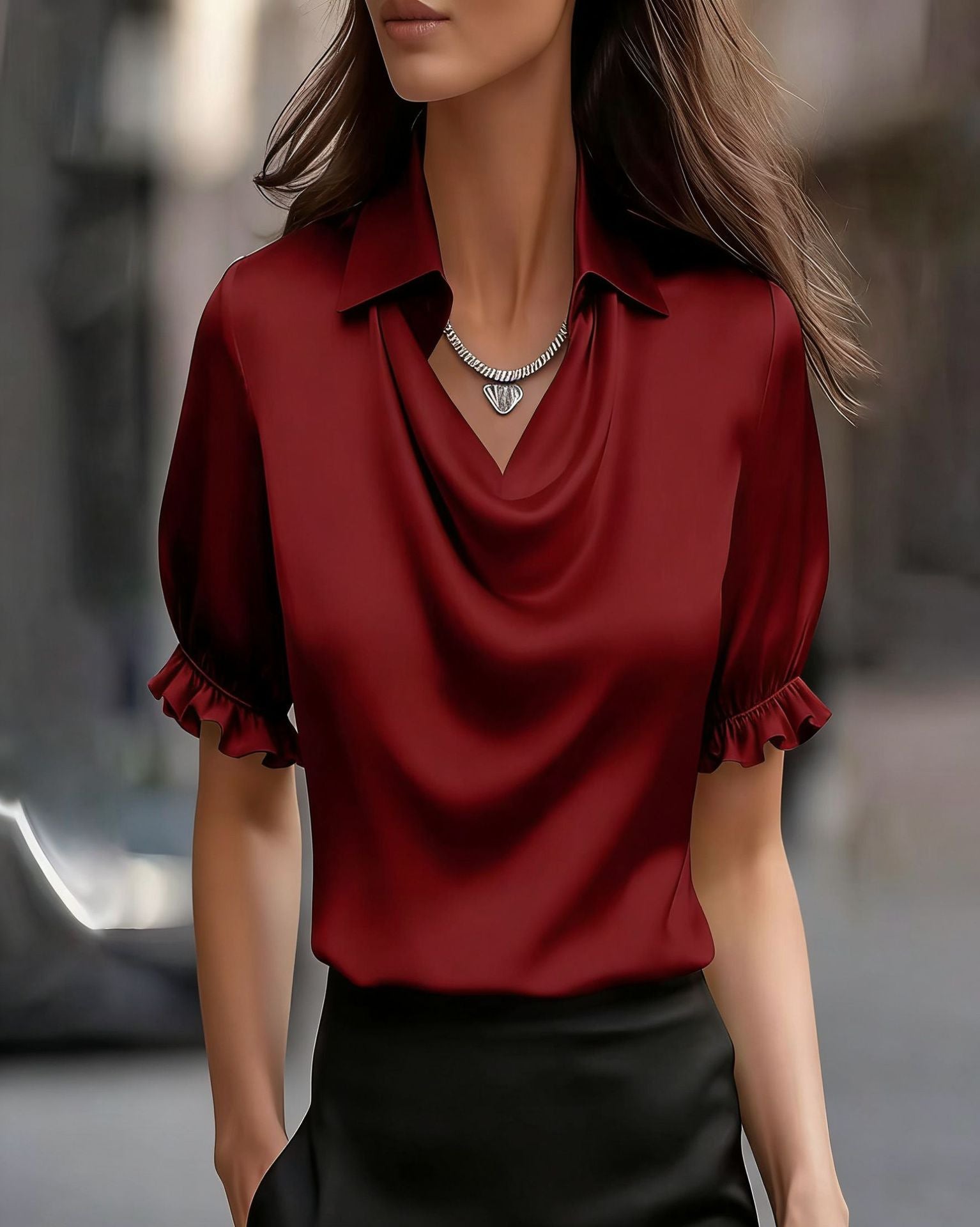 Women's Simple Graceful Swing Collar Shirt Sleeved Blouse
