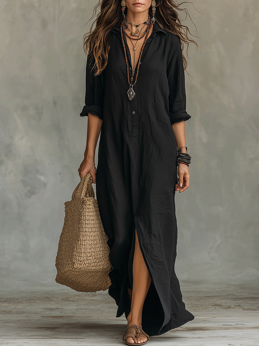 Casual Solid Color Polo Collar Front Dress