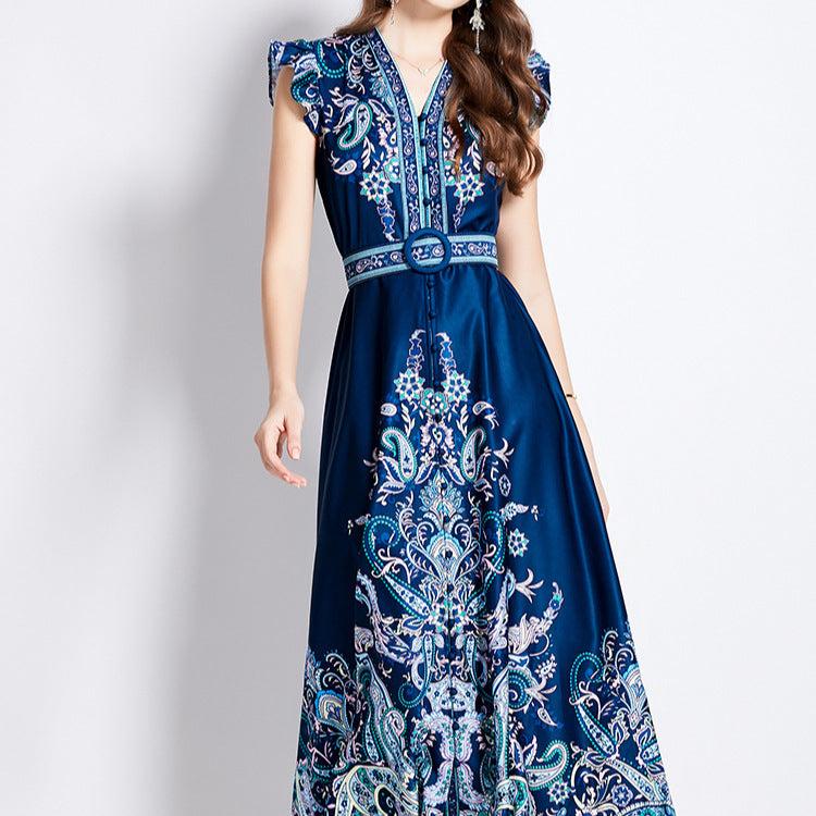 Retro Court High-grade Printed Lantern Sleeve Waist Slimming Elegant Dress