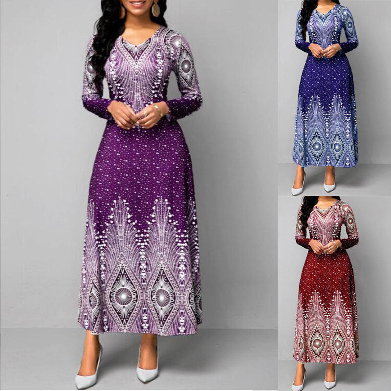 Women's Vintage Floral Print Long Sleeves Maxi Dress