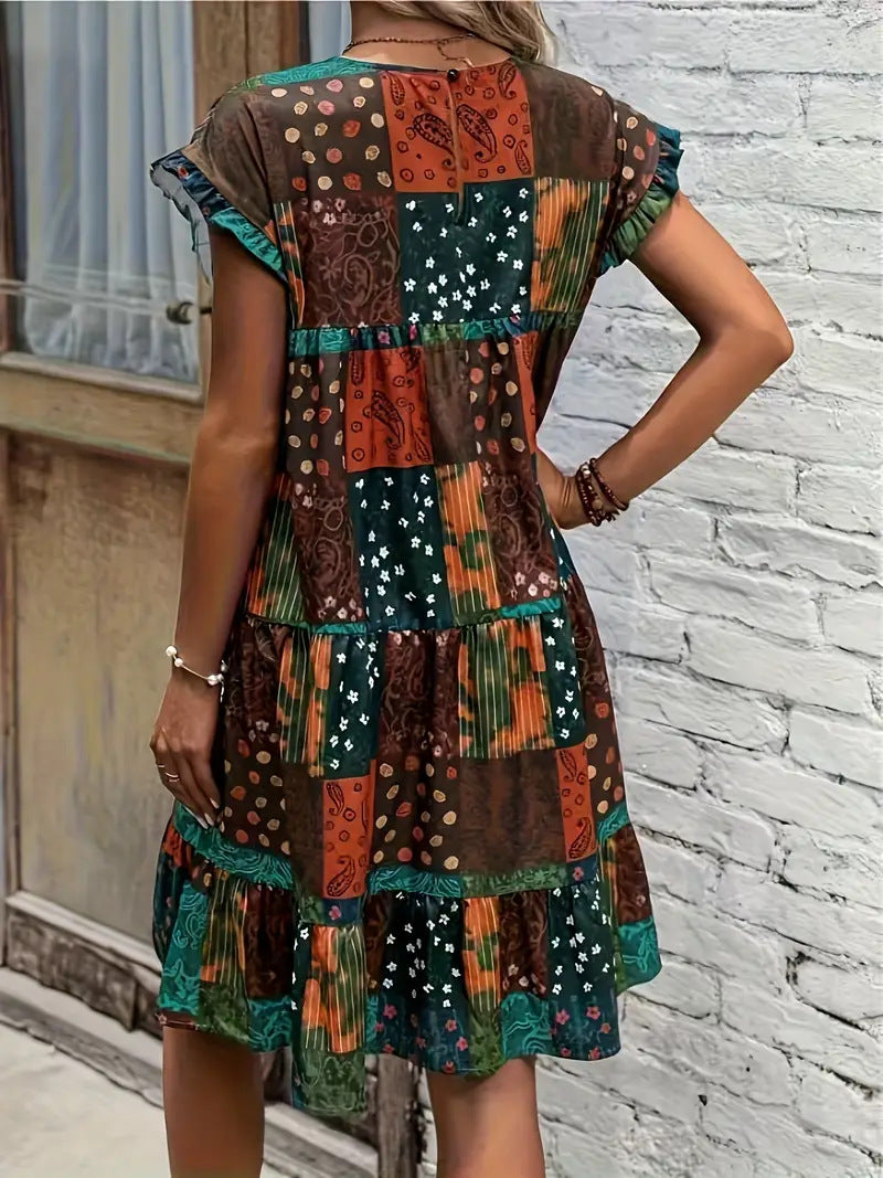Women's Stitching Printing Batwing Sleeve Ruffled Dress