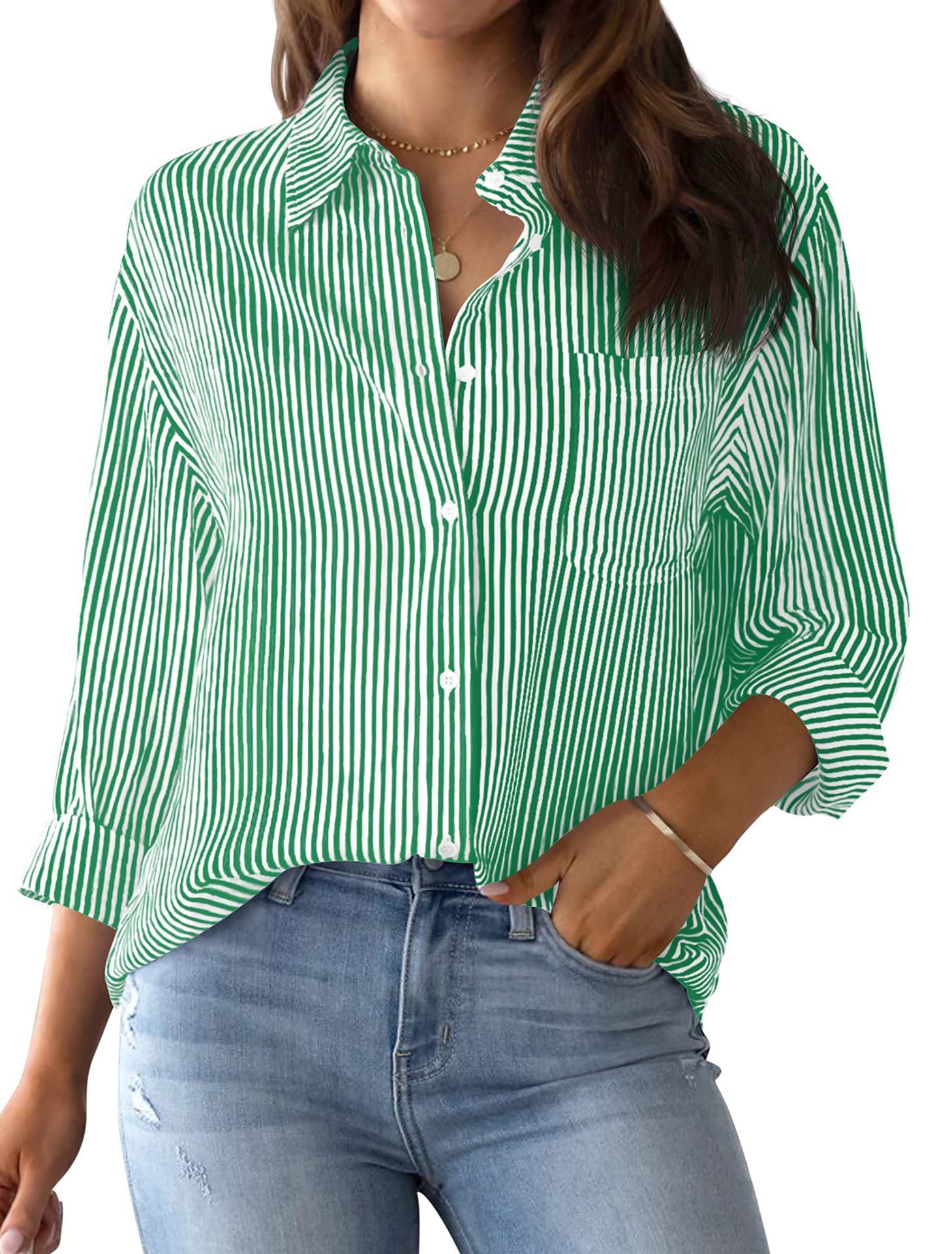 Women's With Pocket Loose Striped Classic Long Sleeve Tops