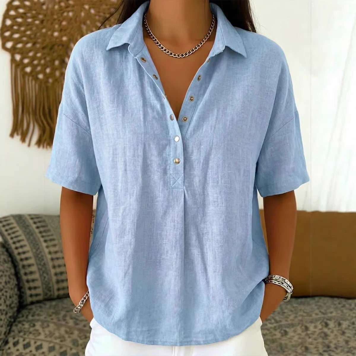 Women's Summer Loose Comfortable Lapel Sleeve Solid Color Blouse