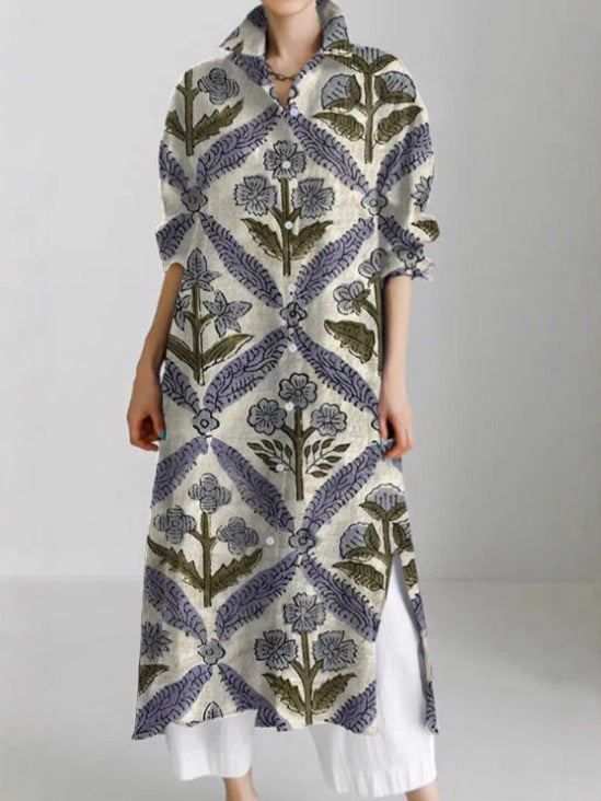 Women's Casual Abstract Printing Long Sleeve Slit Shirt Blouse