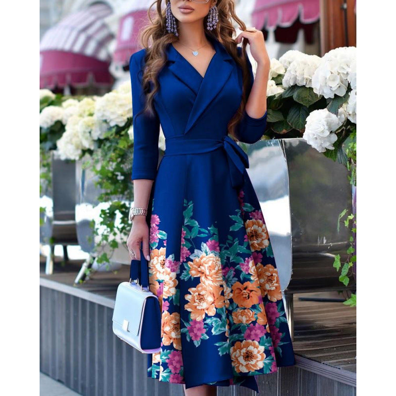 Autumn Three-quarter Sleeve Fashion Tie Waist Trimming Dress