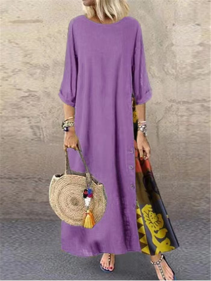 Floral Round Neck Contrast Color Button Dress