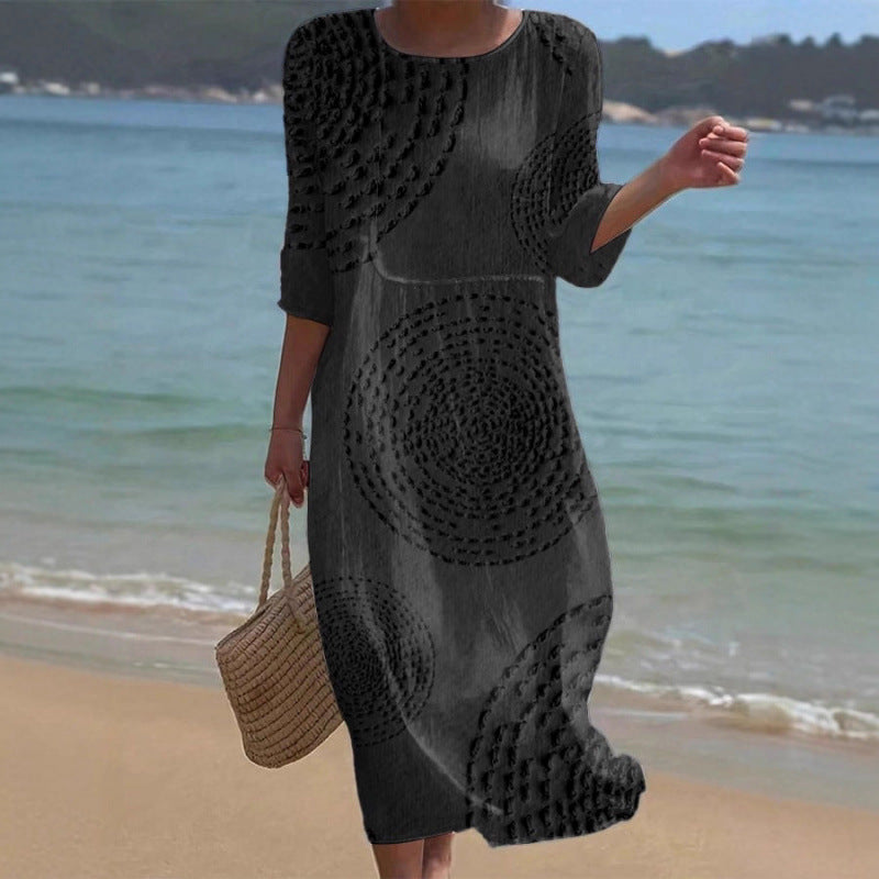 Women's Summer Loose Round Neck Fashion Long-sleeved Dress