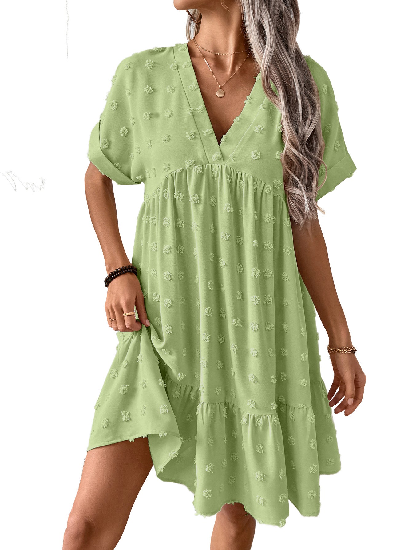 Women's Ladies Casual Sleeve Ruffled Hem Solid Dress